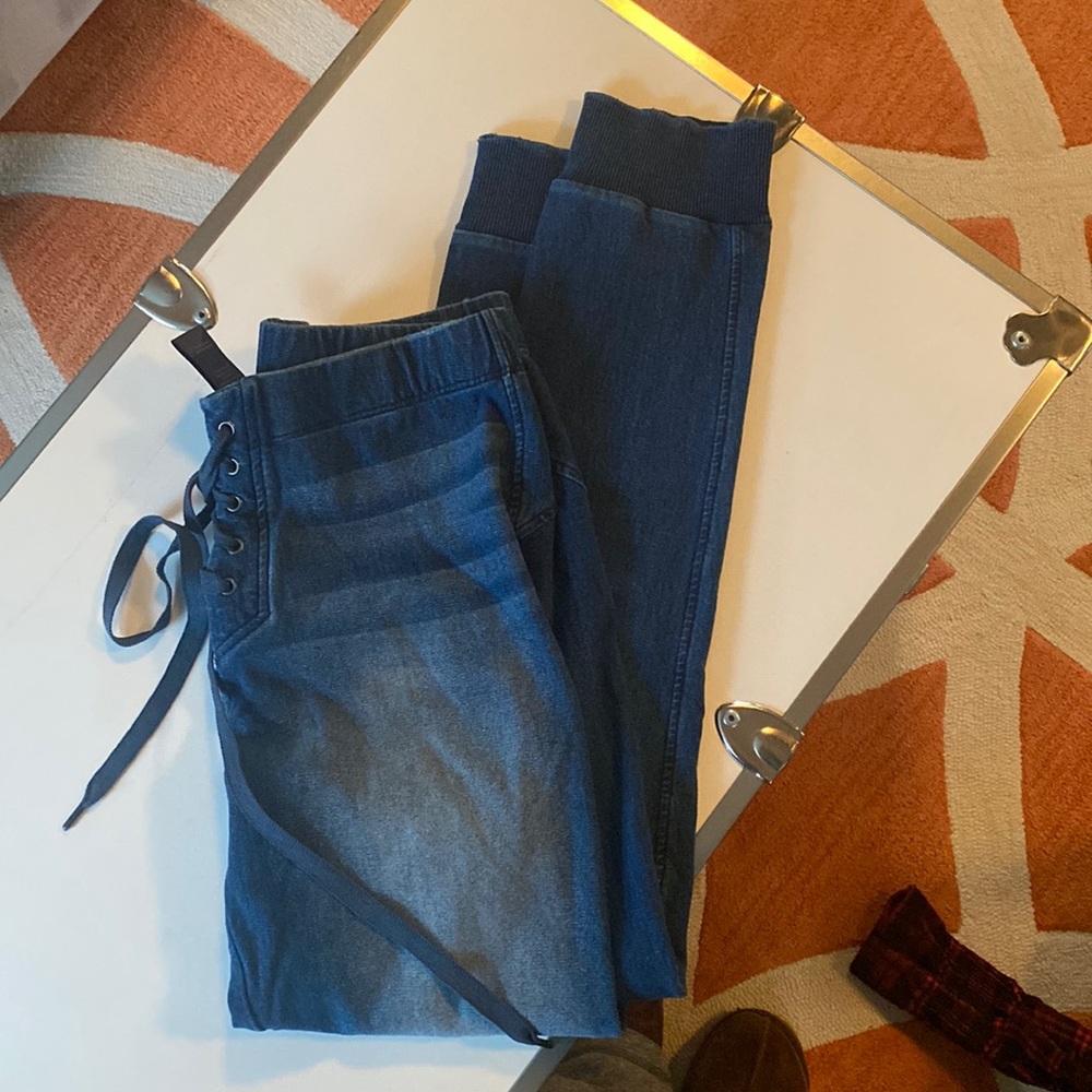 Lace up joggers, look like denim but more like jeggings